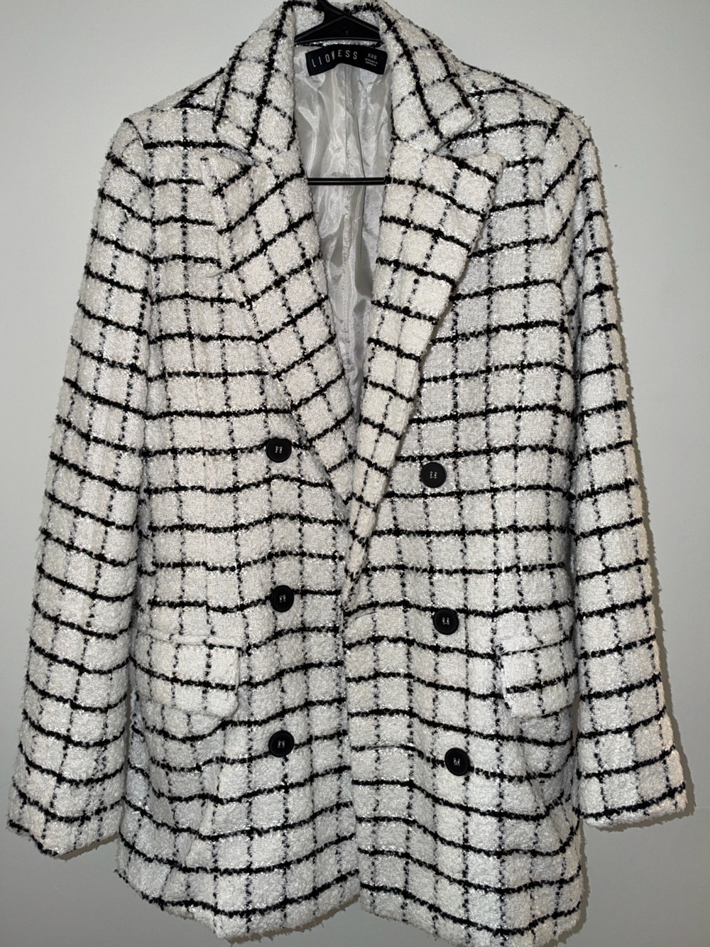 Lioness "The Kyra" Double-Breasted Oversized Bouclé Blazer - Black & White